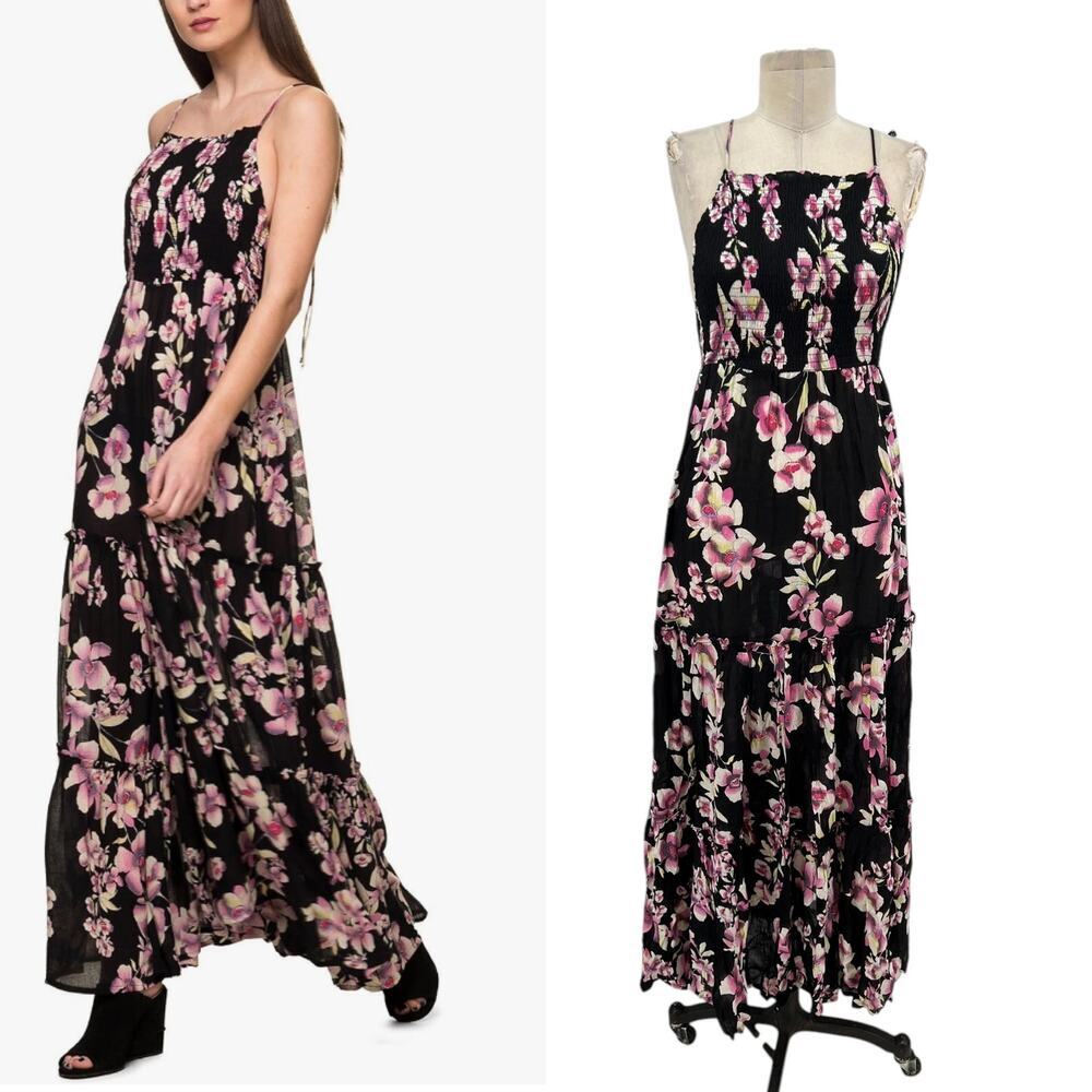 Free People Garden Party Maxi Dress Black Pink Floral Print Smocked Size XS